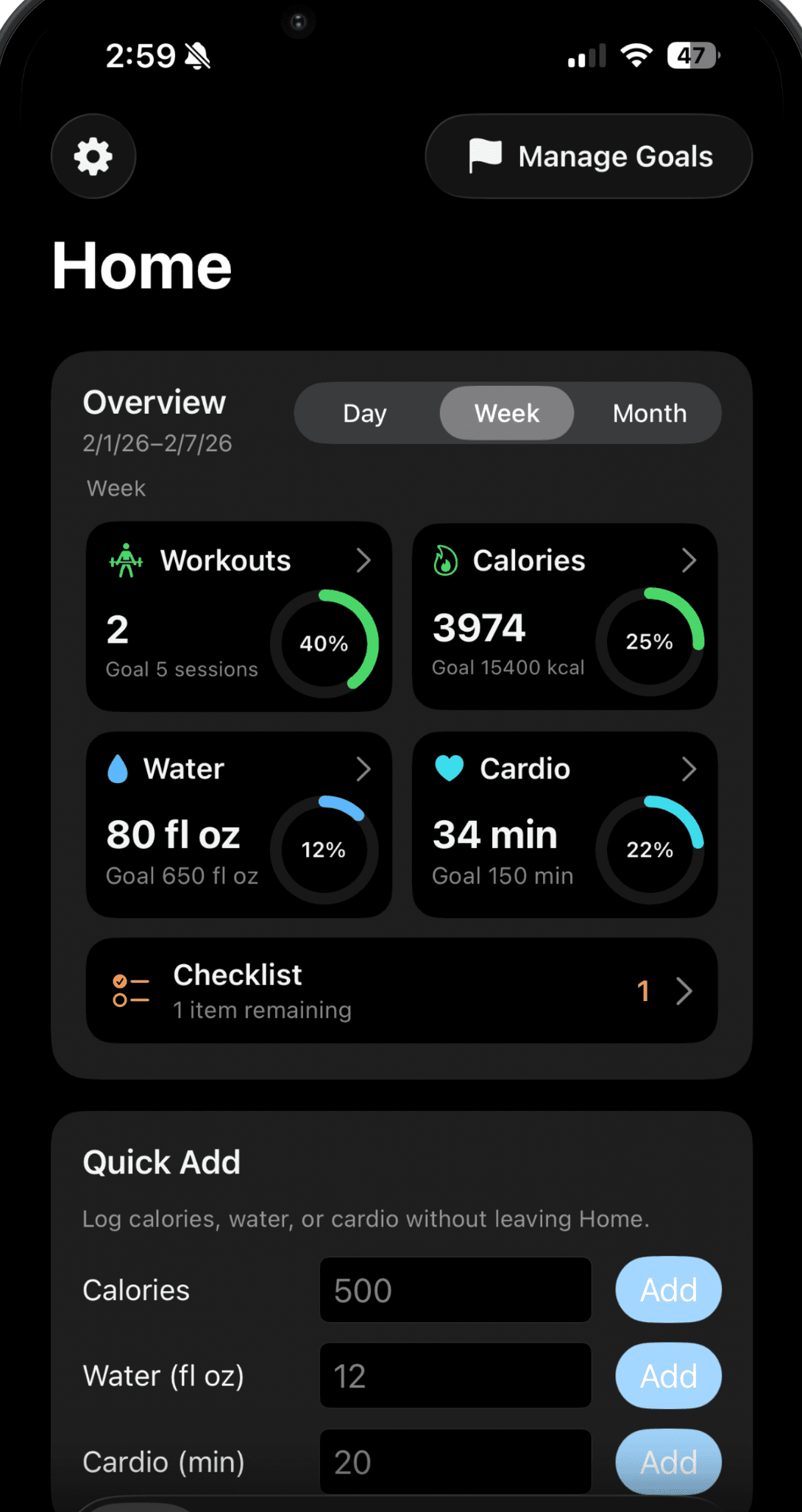 Personal Fitness Log screen 2