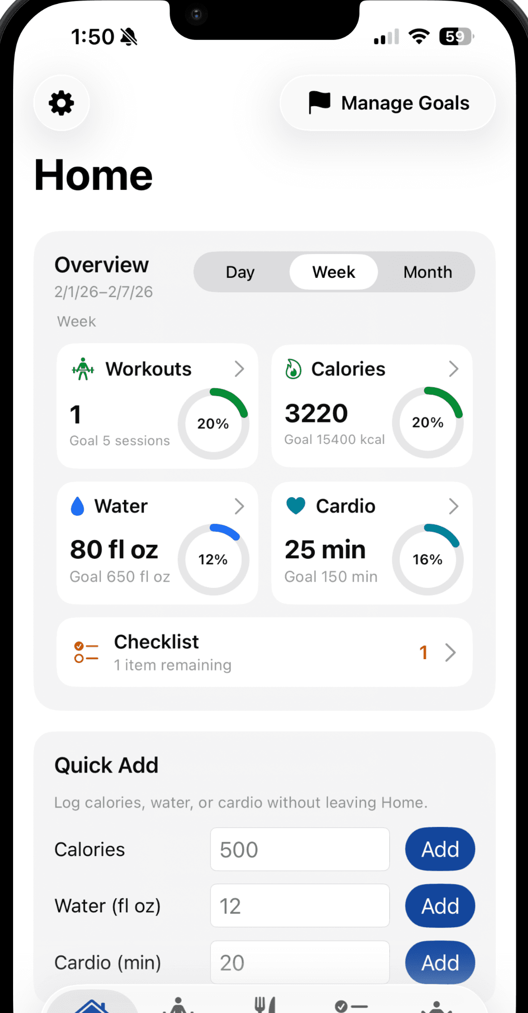 Personal Fitness Log screen 1
